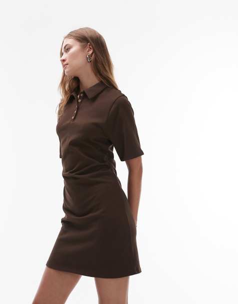 Topshop cinch waist mini polo dress in brown - view 1