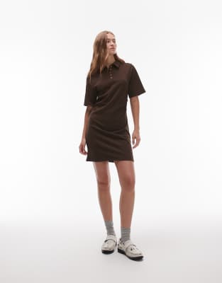 Topshop Cinch Waist Mini Polo Dress In Brown