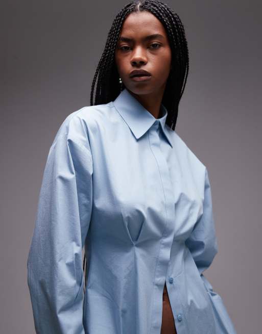 Topshop cinch waist poplin shirt in blue