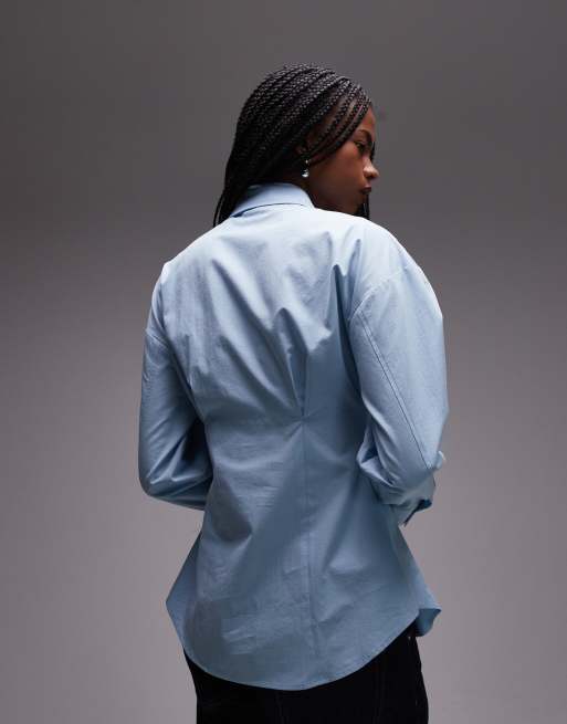 Topshop cinch waist poplin shirt in blue