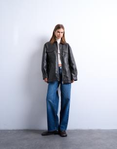 Model wearing Cinch waist PU jacket with contrast cord collar in black