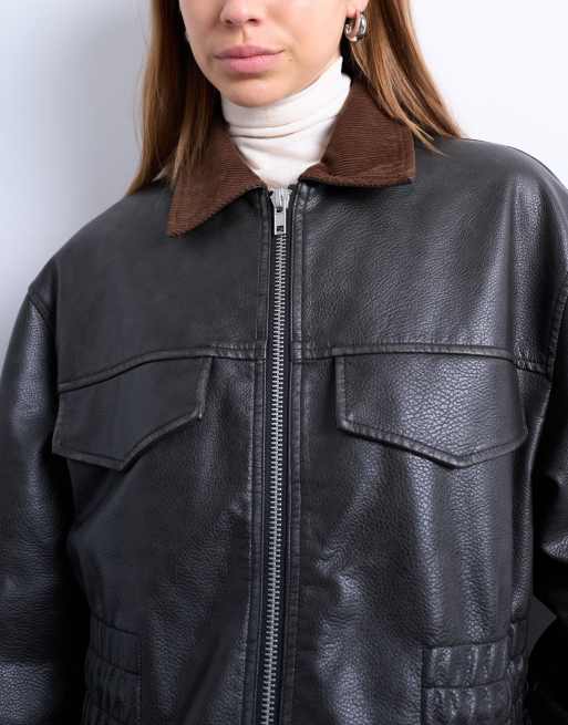 Topshop cinch waist PU jacket with contrast cord collar in black, 4 of 4