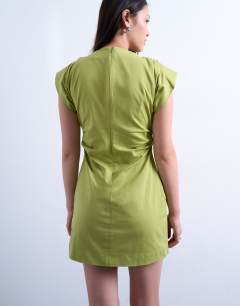 Model wearing Cinch waist ruched dress in olive green