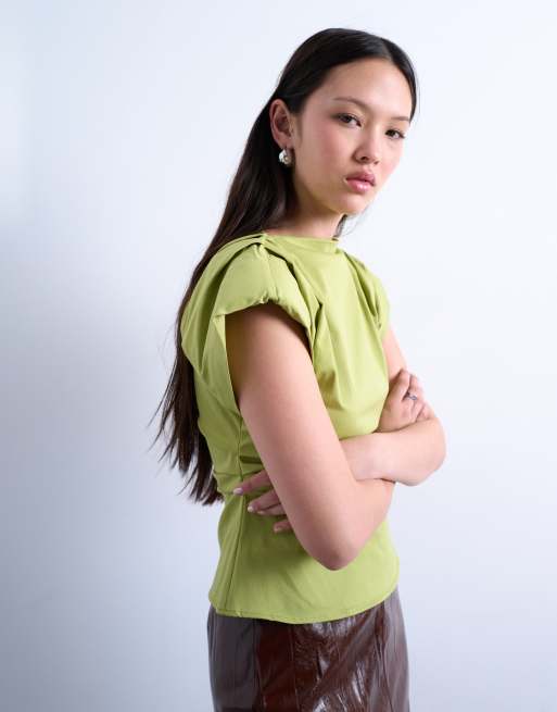 Topshop cinch waist ruched top in olive green, 3 of 4