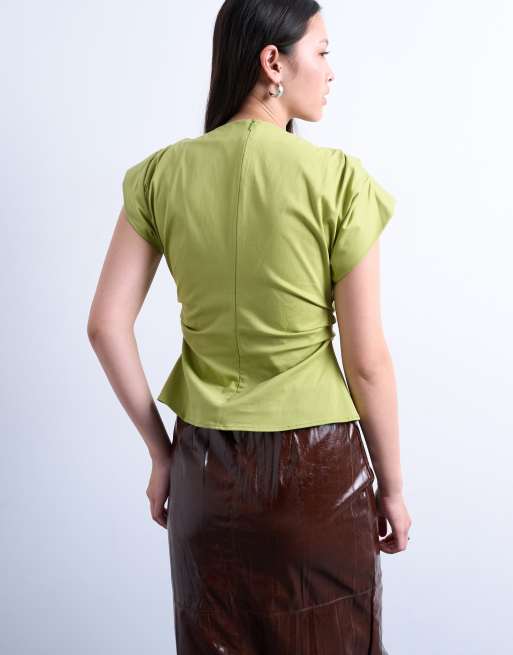 Topshop cinch waist ruched top in olive green, 4 of 4