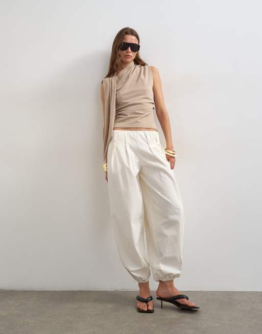 Topshop cinch waist scarf detail top in stone, 2 of 4