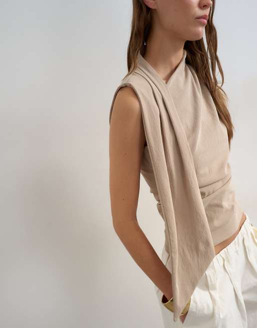 Topshop cinch waist scarf detail top in stone, 3 of 4