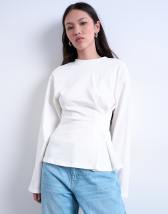 Topshop cinch waist structured long sleeve tee in white