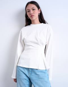 Cinch waist structured long sleeve tee in white