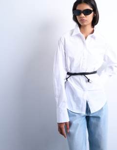 Cinch waisted long sleeve shirt in white