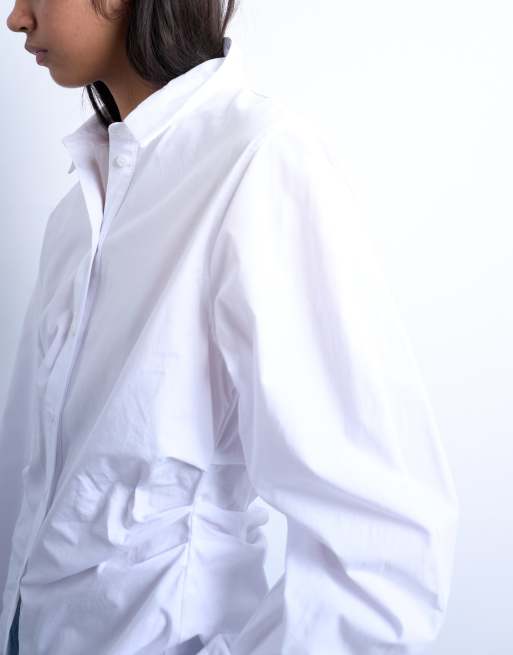 Topshop cinch waisted long sleeve shirt in white, 3 of 4