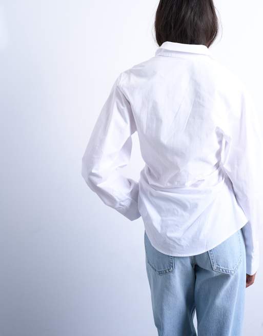 Topshop cinch waisted long sleeve shirt in white, 4 of 4