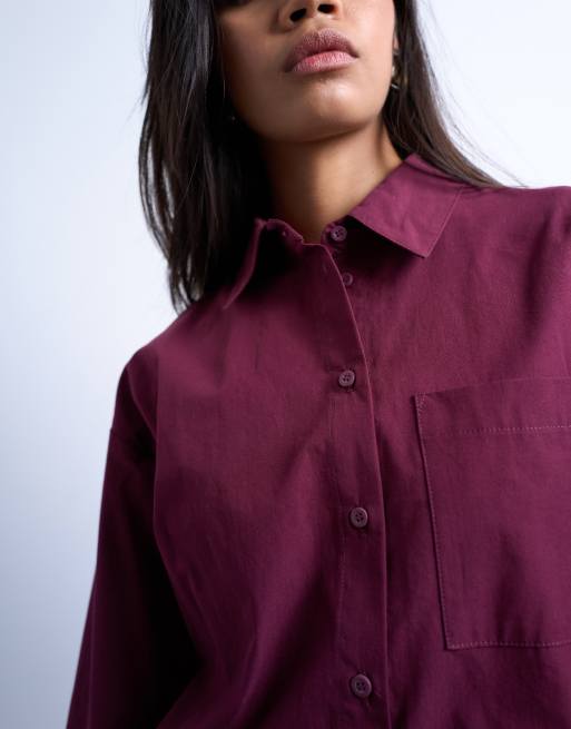 Topshop cinched oversized poplin shirt in burgundy