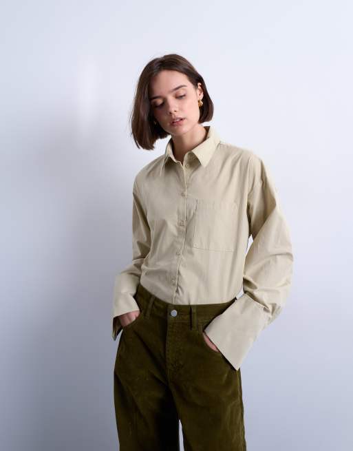 Topshop cinched oversized poplin shirt in stone