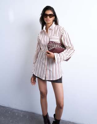 Topshop Cinched Oversized Poplin Shirt In Stripe-orange