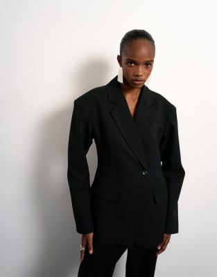 Topshop Cinched Padded Shoulder Blazer In Black