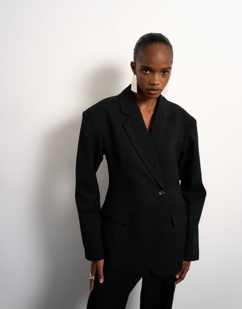 Topshop cinched padded shoulder blazer in black - view 1