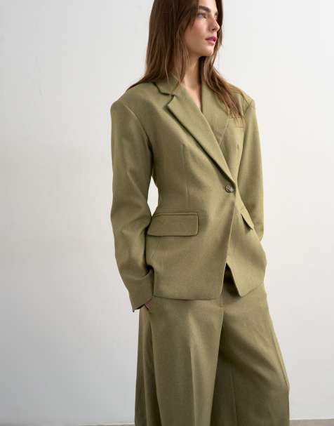 Topshop cinched padded shoulders blazer in taupe - part of a set - view 1