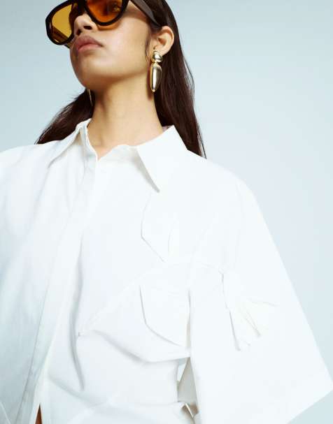 Topshop cinched resort shirt with 3D flower applique in white - view 2
