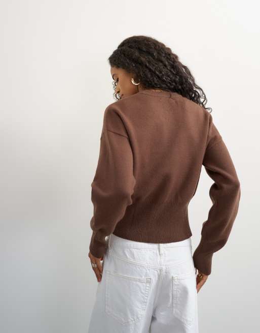 Topshop cinched waist batwing sleeve knit sweater in chocolate, 4 of 4