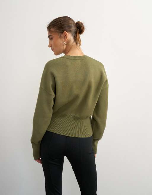 Topshop cinched waist batwing sleeve knit sweater in khaki green, 2 of 4
