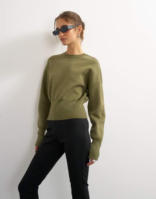 Topshop cinched waist batwing sleeve knit sweater in khaki green, 3 of 4