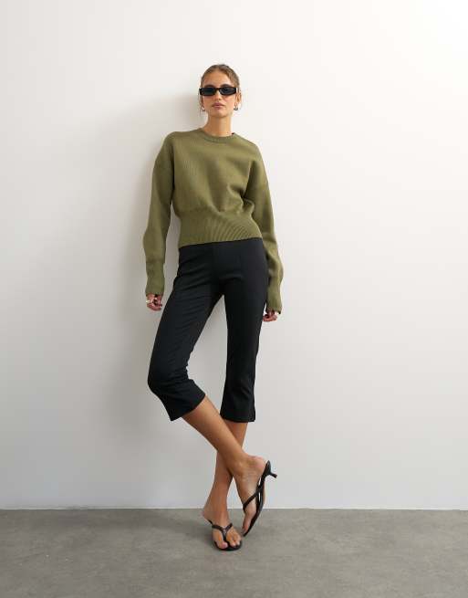 Topshop cinched waist batwing sleeve knit sweater in khaki green, 4 of 4