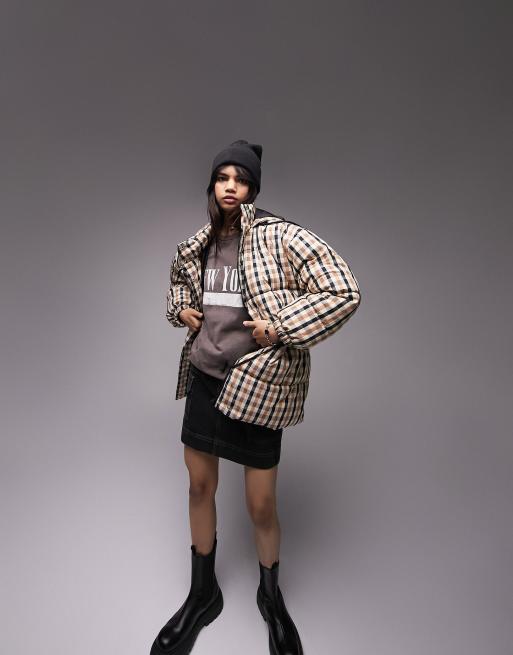 Topshop cinched waist detail puffer jacket with hood in gingham