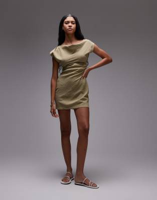 Topshop cinched waist grown-on neck mini dress in green stripe - view 1