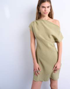 Cinched waist grown on neck mini dress in green stripe