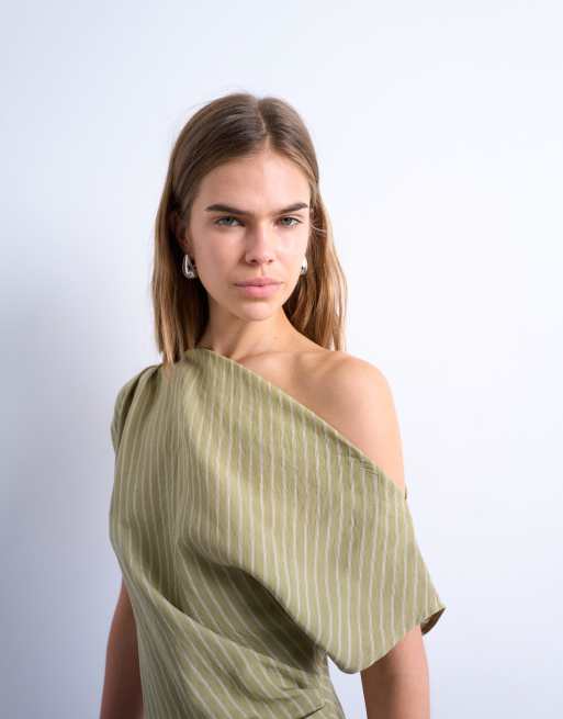 Topshop cinched waist grown on neck mini dress in green stripe, 3 of 4