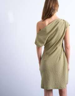 Model wearing Cinched waist grown on neck mini dress in green stripe
