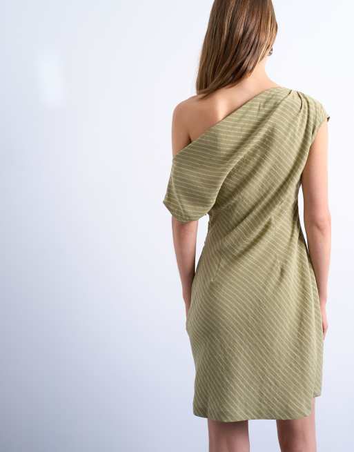 Topshop cinched waist grown on neck mini dress in green stripe, 4 of 4