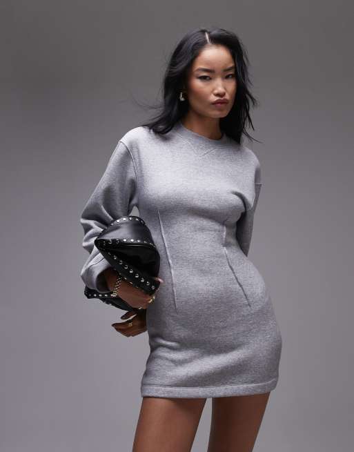 Topshop cinched waist long sleeve jersey mini dress in gray