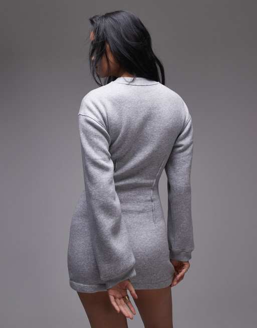Topshop cinched waist long sleeve jersey mini dress in gray