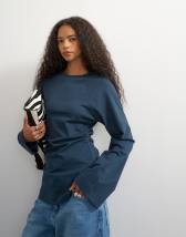 Topshop cinched waist long sleeve raglan t-shirt in grey blue