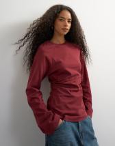 Topshop cinched waist long sleeve raglan t-shirt in washed burgundy