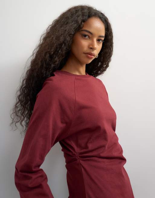 Topshop cinched waist long sleeve raglan t-shirt in washed burgundy, 3 of 4