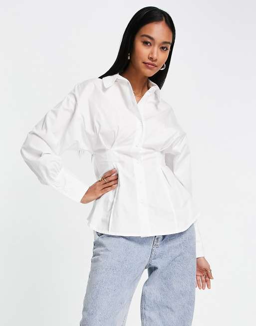 Topshop cinched waist poplin shirt in white | ASOS