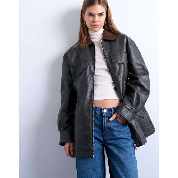 Topshop cinched waist PU jacket with contrast corduroy collar in black |  ASOS