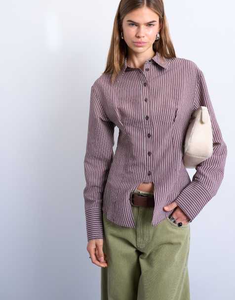 Topshop cinched waist shirt with cut away placket in burgundy stripe - view 1