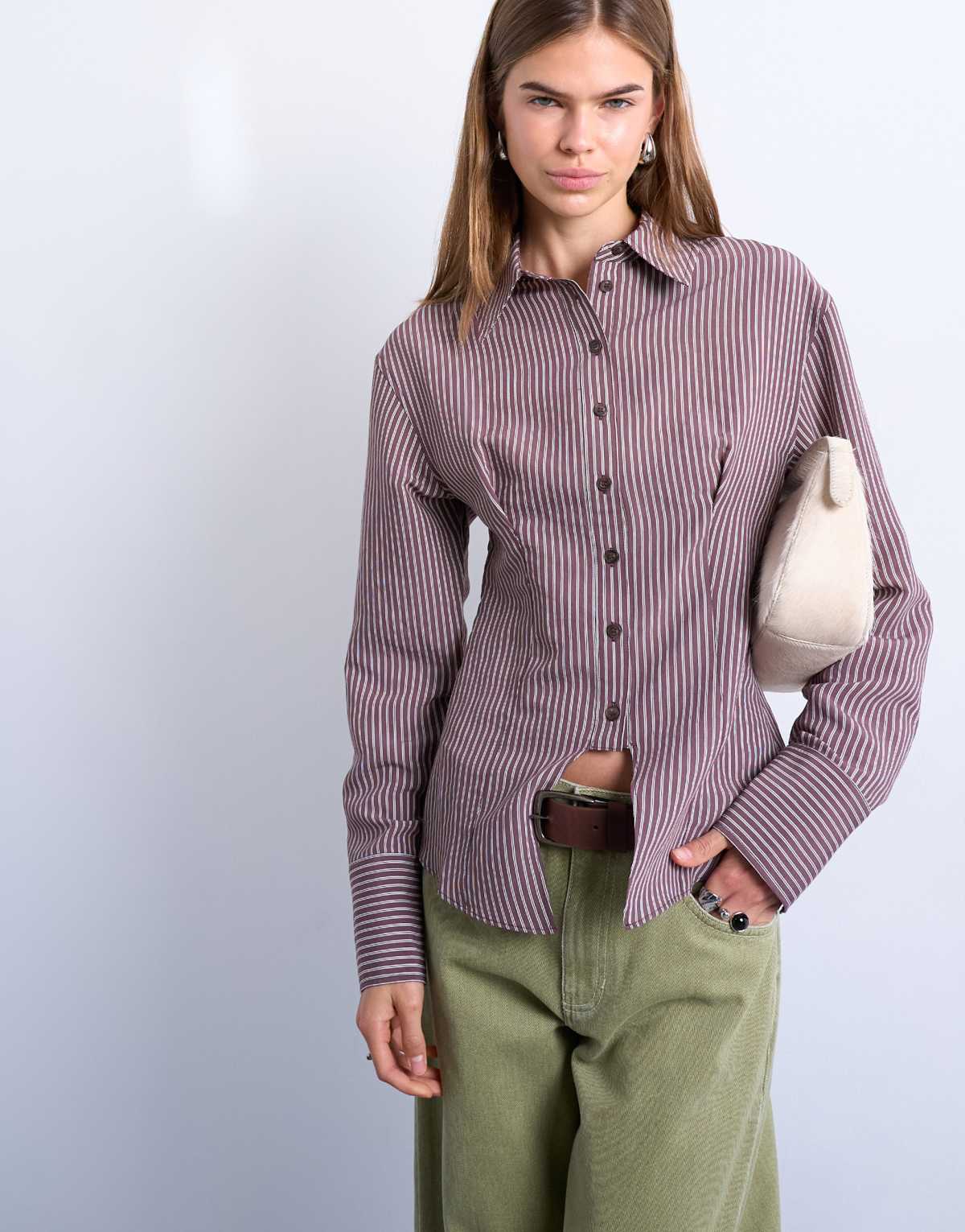Topshop cinched waist shirt with cut away placket in burgundy stripe