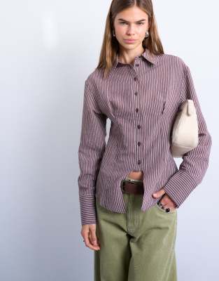 Topshop Cinched Waist Shirt With Cut Away Placket In Purple