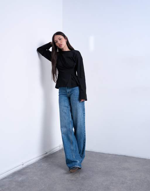 Topshop cinched waist structured long sleeve tee in black, 2 of 4