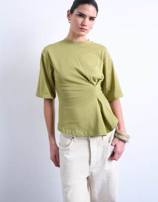 Topshop Cinched Waist Structured Tee In Green