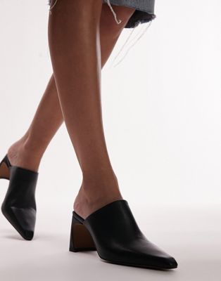 Topshop Cindy premium leather pointed toe heeled mule in black