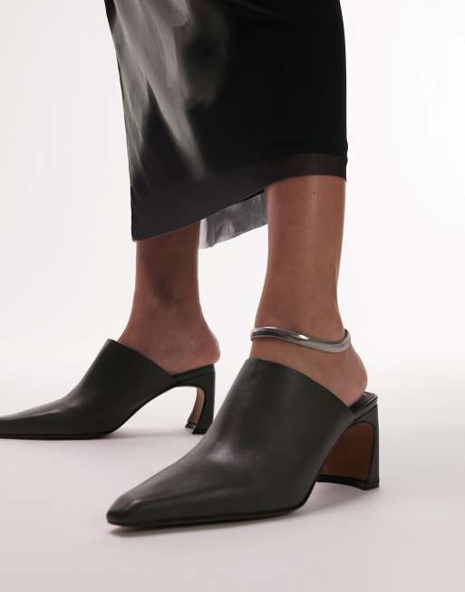 Topshop - Cindy - Sabot in pelle premium color kaki a punta con tacco