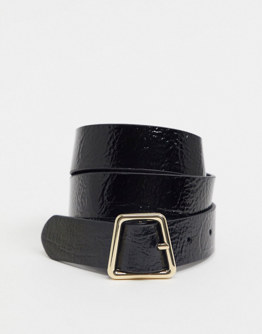 Topshop - Cintura nera in vinile con fibbia oro-Nero