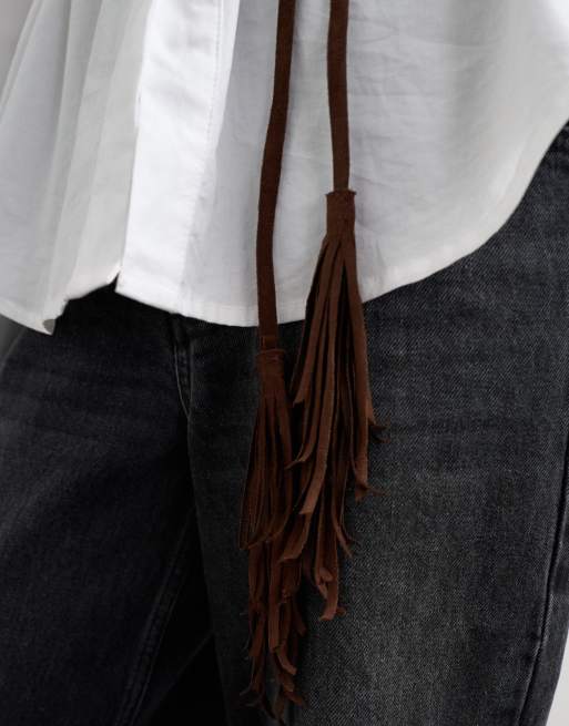 Topshop - cinturón de antelina con cordón y flecos en chocolate, 2 de 3