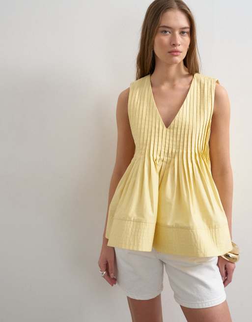 Topshop - Citrongul A-formet overdel med V-hals og pintucks, 2 af 4